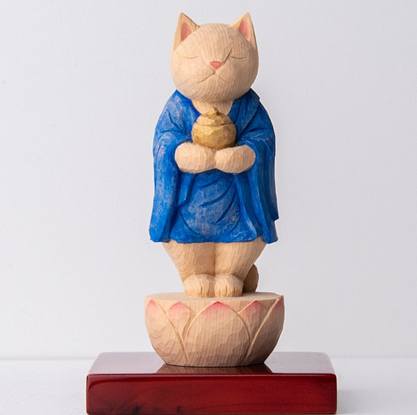 木彫りの立薬師猫 袈裟を着た猫仏さま