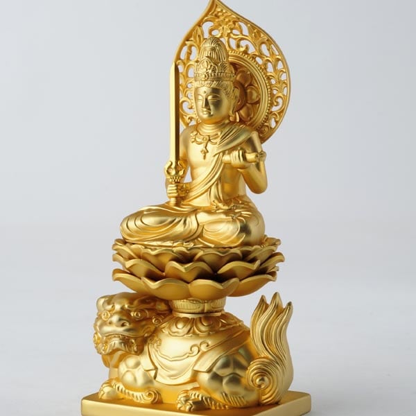 文殊菩薩 - 合金製 純金メッキ仕上げ 総高15cm 高岡銅器