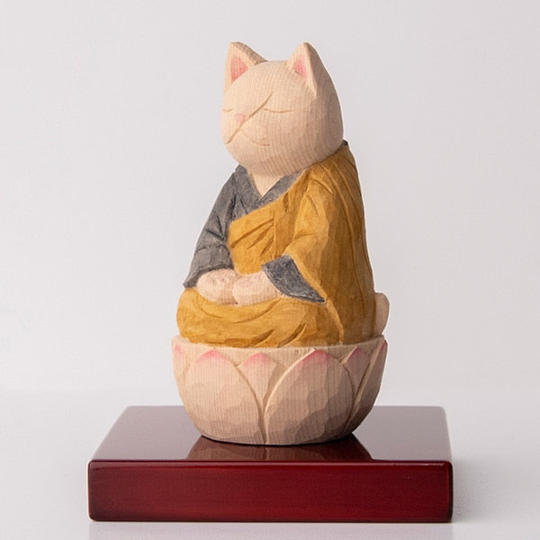 木彫りの座禅猫 袈裟を着た猫仏さま 黄色/黒色