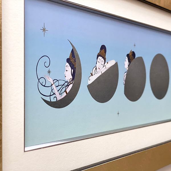 月夜の観音 シルバームーン/朝空 箔アート版画 木綿花作