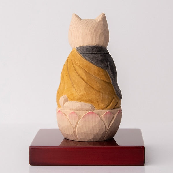 木彫りの座禅猫 袈裟を着た猫仏さま 黄色/黒色