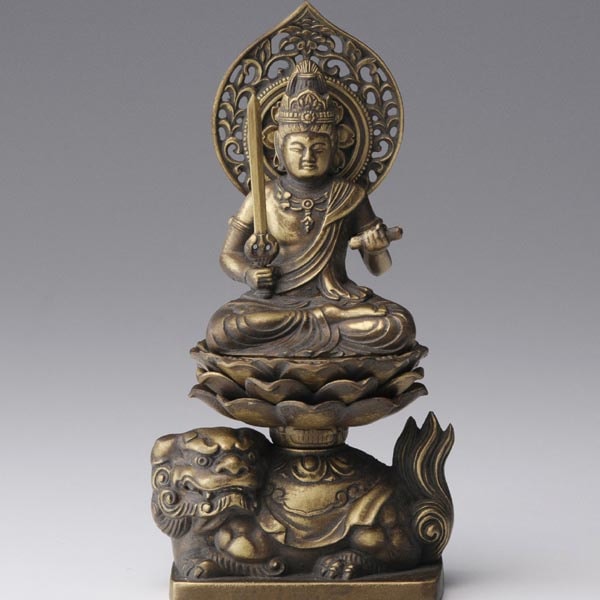 文殊菩薩 - 合金製　古美金仕上げ　総高15cm　高岡銅器