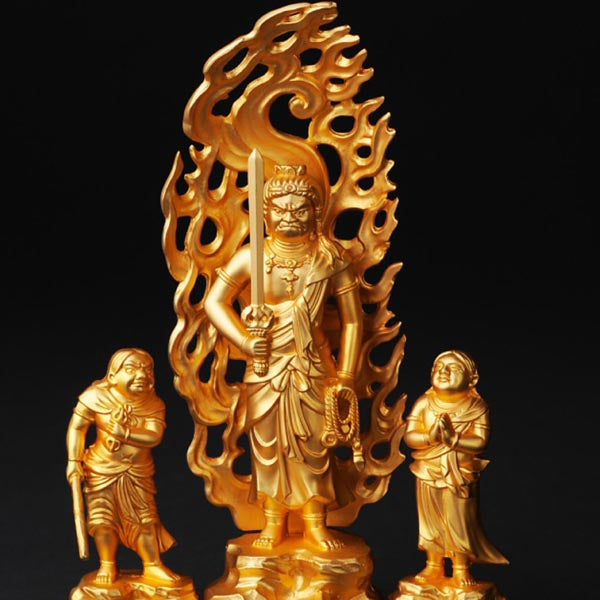 童子不動明王 - 総高16cm　純金メッキ　高岡銅器