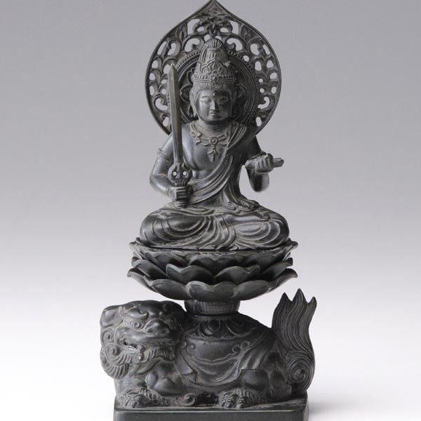 文殊菩薩 - 合金製　古美青銅仕上げ　総高15cm　高岡銅器