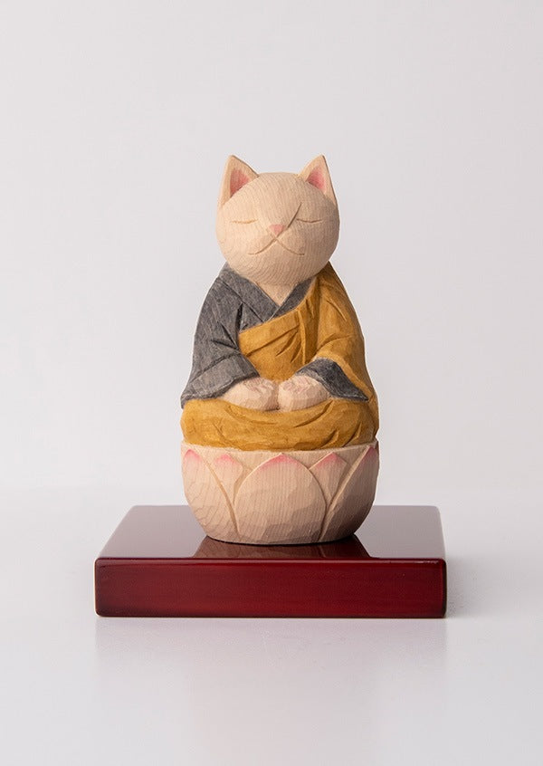 木彫りの座禅猫 袈裟を着た猫仏さま 黄色/黒色