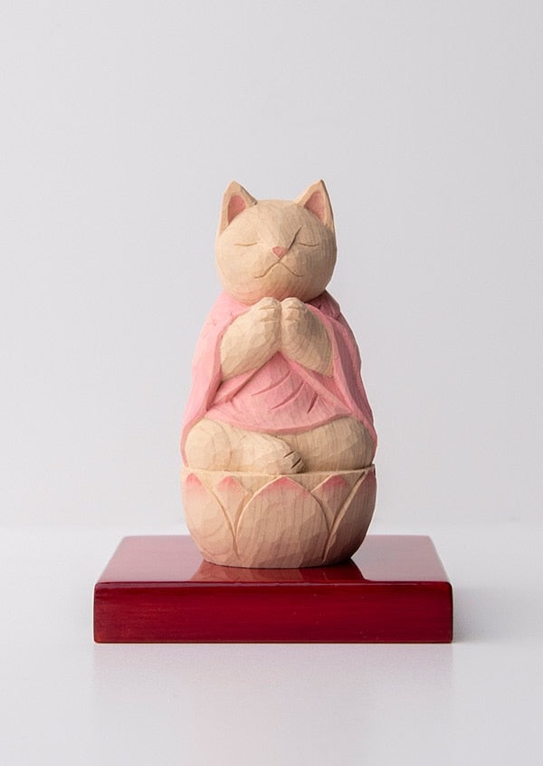 木彫りの合掌猫 袈裟を着た猫仏さま 鴇色