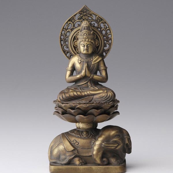 普賢菩薩 - 合金製　古美金仕上げ　総高15cm　高岡銅器