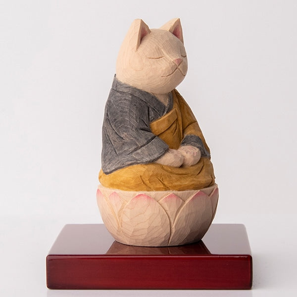 木彫りの座禅猫 袈裟を着た猫仏さま 黄色/黒色