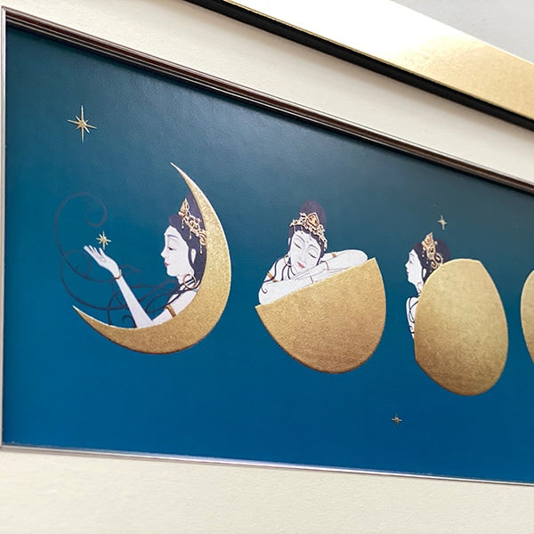 月夜の観音 ゴールデンムーン/夜空 箔アート版画 木綿花作