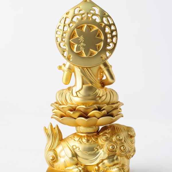 文殊菩薩 - 合金製　純金メッキ仕上げ　総高15cm　高岡銅器